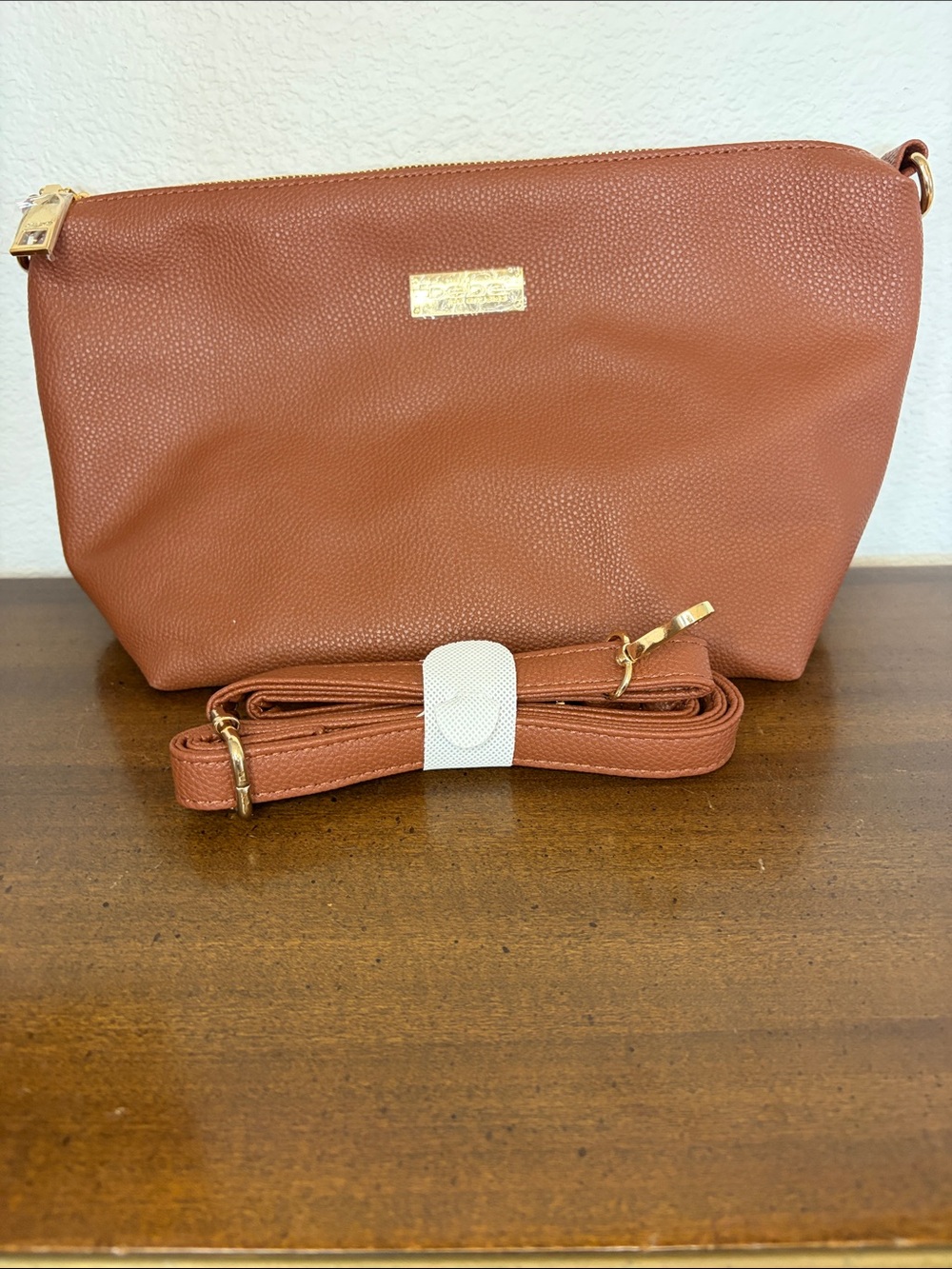Bebe Faux Leather Crossbody Bag in Cognac Brown with Gold Hardware NEW